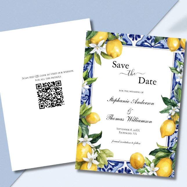 Reserve A Data Lemons Mediterranean QR code Wedding Save the Date (Lemons Mediterranean Blue White Mosaic Tile White Florals Wedding Save the Date Card with QR code)