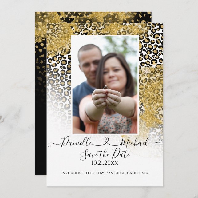 Reserve A Data Leopard Script Heart Dourado Glitter (Frente/Verso)