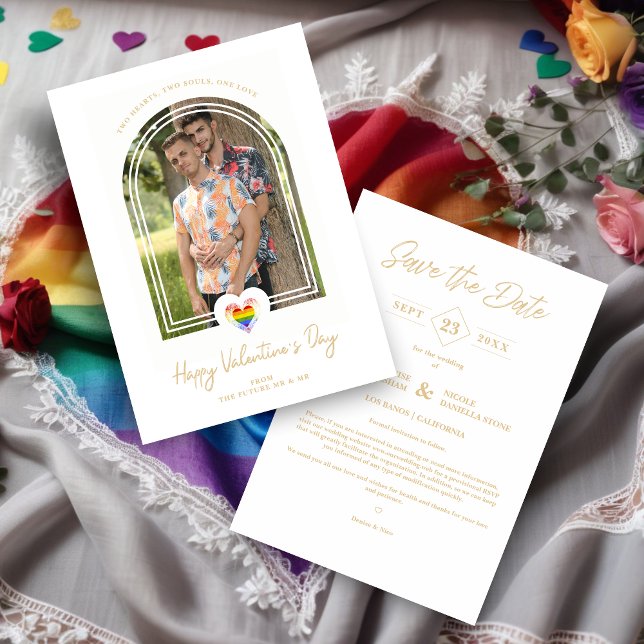 Reserve A Data LGBT Arch Effect Pride Heart Happy Valentine's Day (LGBT Arch Effect Cute Pride Heart Happy Valentine's Day Photo Save the Date Card with Envelope. )
