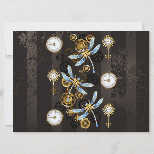 Reserve A Data Libélulas Steampunk em fundo listrado marrom (Frente)