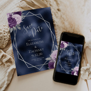 Reserve A Data Lilac Prata Floral Geo Azul Marinho Save the Date