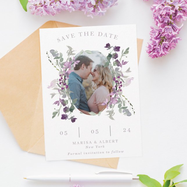 Reserve A Data Lilac Wildflower Oval Foto de Casamento (Criador carregado)