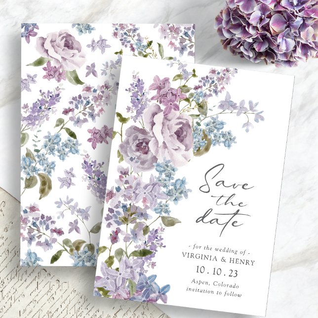 Reserve A Data Lilás Elegante Salvar a Data (Elegant Watercolor Lilac Floral Save The Date by Painted Paperie
)