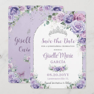 Reserve A Data Lilás Roxo Chic Floral Quinceañera Arco Prateado