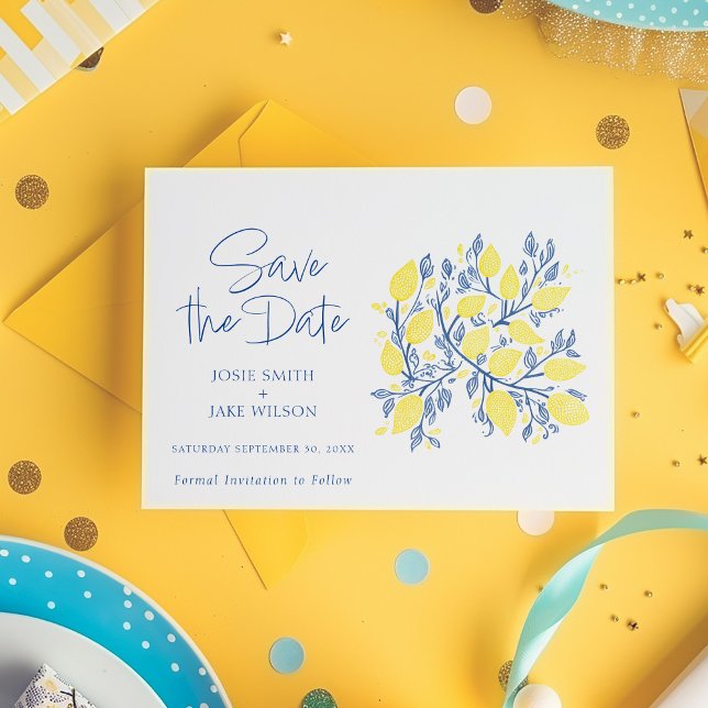 Reserve A Data Limpeza das vinhas de limão (Bright and colorful Mediterranean inspired yellow lemons and blue vines Save the Date card)