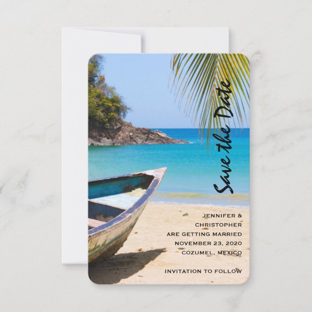 Reserve A Data Linda praia tropical com um barco a remo (Frente)