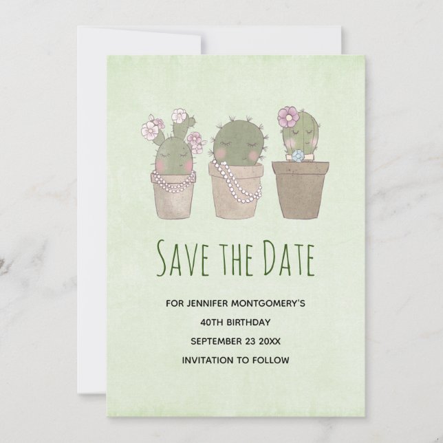 Reserve A Data Lindo Design de Trio de Cactus Sorrindo em Aquarel (Frente)