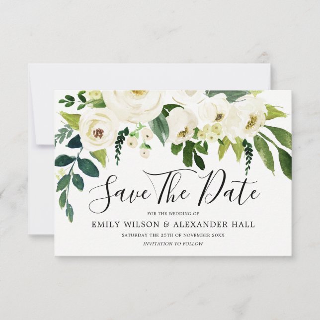 Reserve A Data Lindo Floral Branco Blooming Save The Date (Frente)