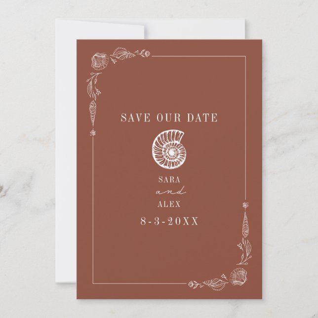 Reserve A Data Line Art Seashell Terracotta Rustic Beach Wedding (Frente)