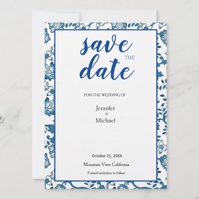 Reserve A Data Linen Wedding Floral Blue Data de Salvamento (Frente)