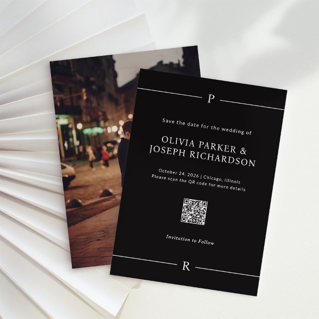 Reserve A Data Linhas Modernas e Monograma Código QR Preto e Foto (Criador carregado)