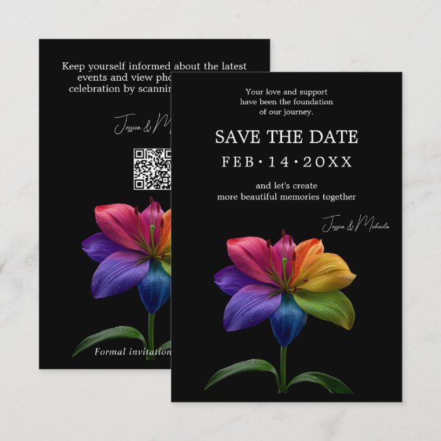 Reserve A Data 🌈 Lírio Arco-Íris Save the Date — Atualização QR (Frente/Verso)