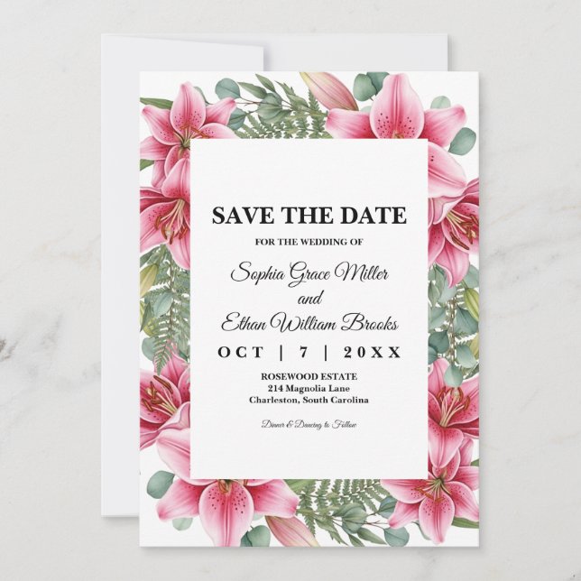 Reserve A Data Lírio Rosa Stargazer Floral Casamento Salve a Data (Frente)