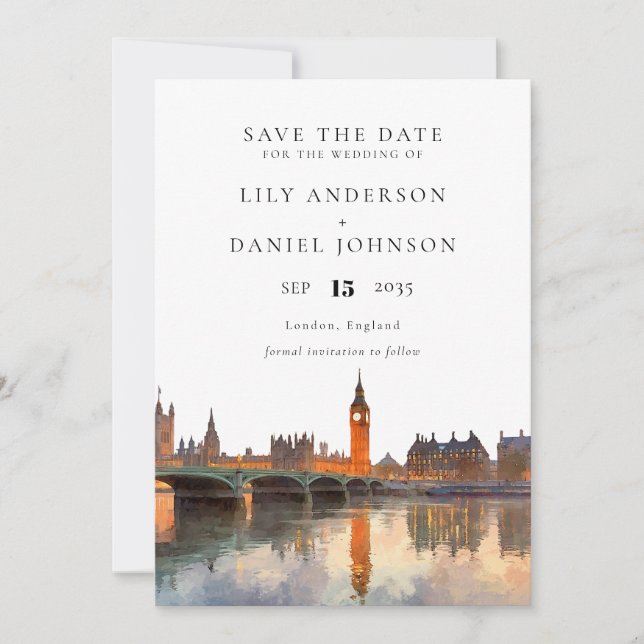 Reserve A Data London Skyline Watercolor Elegant Wedding (Frente)