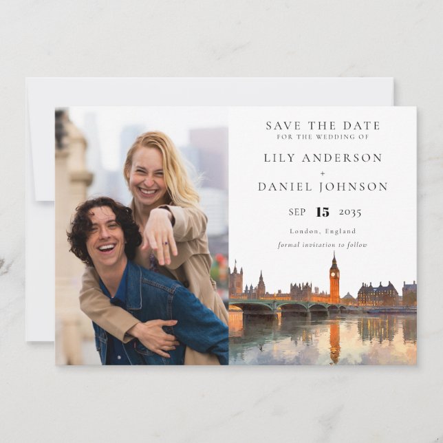 Reserve A Data London Skyline Watercolor Photo Wedding (Frente)