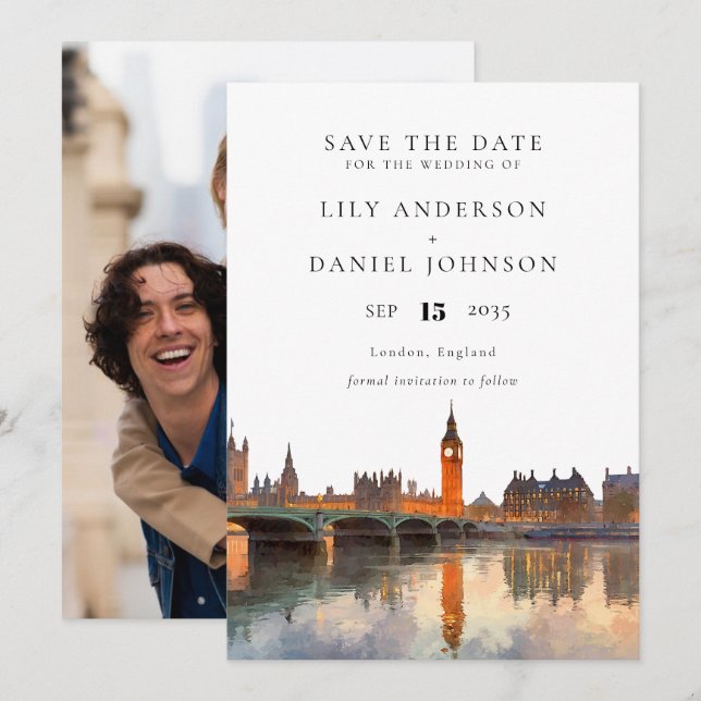 Reserve A Data London Skyline Watercolor Photo Wedding (Frente/Verso)