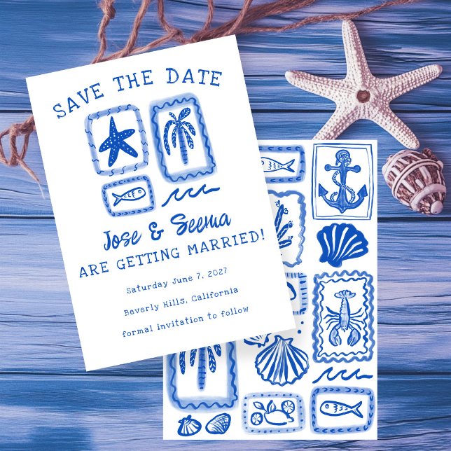 Reserve A Data LoveNote do Sea Beach Cofo desenhado à mão (LoveNote from the Sea Beach Hand-Drawn Cute Custom Save The Date Card
)