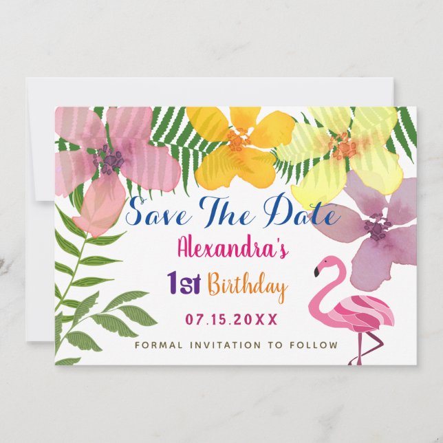 Reserve A Data Luau Flamingo 1º Aniversário (Frente)