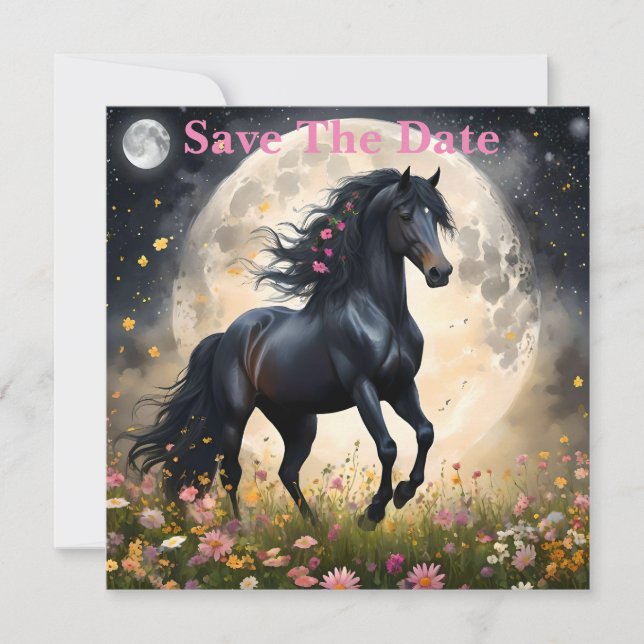 Reserve A Data Lunar Elegância: Cavalo de Fantasia Negra com Lua (Frente)