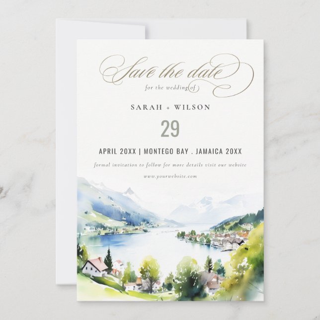 Reserve A Data Lungern Switzerland Watercolor Landscape Wedding (Frente)