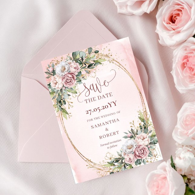 Reserve A Data Luxo Boêmio Rosa Poeira Eucalipto Salve A Data (Luxury Bohemian Dusty Pink Eucalyptus Save The Date)