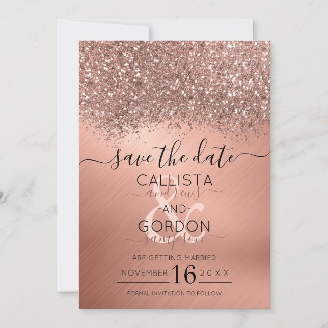 Reserve A Data Luxo Glitter Rosa Dourado Confete Metálico Casamen (Frente)