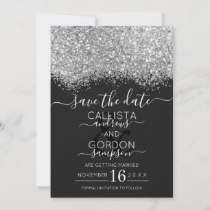 Reserve A Data Luxo Prata Preto Brilho Confete Casamento
