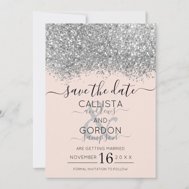 Reserve A Data Luxo Prateado Rosa Brilho Confete Casamento (Frente)