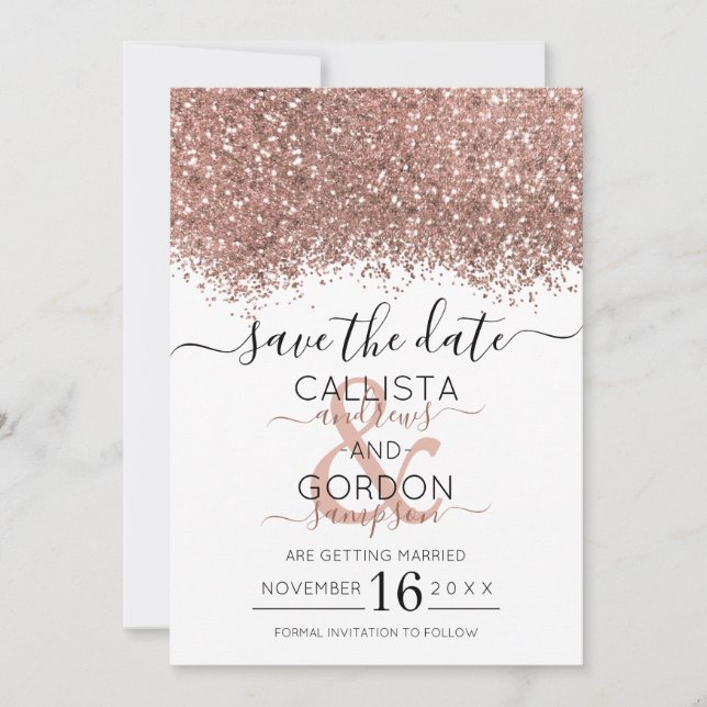 Reserve A Data Luxo Rosa Dourado Branco Glitter Confete Casamento (Frente)