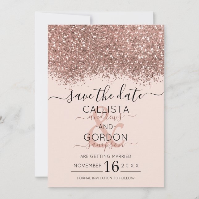 Reserve A Data Luxo Rosa Dourado Glitter Confete Casamento (Frente)