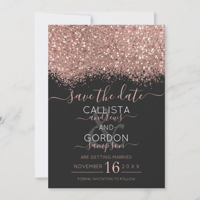 Reserve A Data Luxo Rosa Dourado Preto Glitter Confete Casamento (Frente)