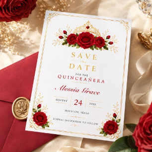 Reserve A Data Luxuosa Coroa de Rosa Vermelha e Ouro Quinceañera