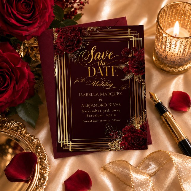 Reserve A Data Luxuoso Flamenco em Rosa Dourado Borgonha (Stylish Burgundy and Gold Art Deco Save the Date)