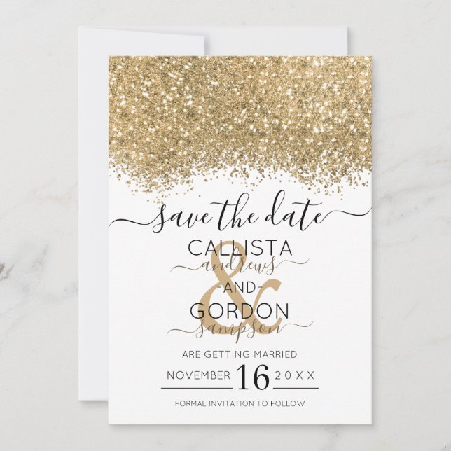 Reserve A Data Luxuoso Moderno Dourado Branco Glitter Confetes Ca (Frente)