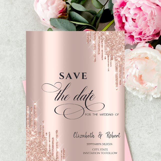 Reserve A Data Luxuoso Rosa Chic Glitter Gotas Salve A Data (Criador carregado)