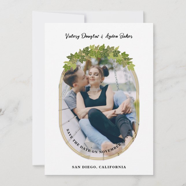 Reserve A Data Luxury Golden Ivi Leaves Oval Frame Chic Photo (Frente)