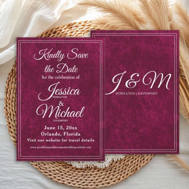 Reserve A Data Luxury Velvet Burgundy Berry Monogram Wedding (Elegant, luxury wedding Save the Date with monogram back)