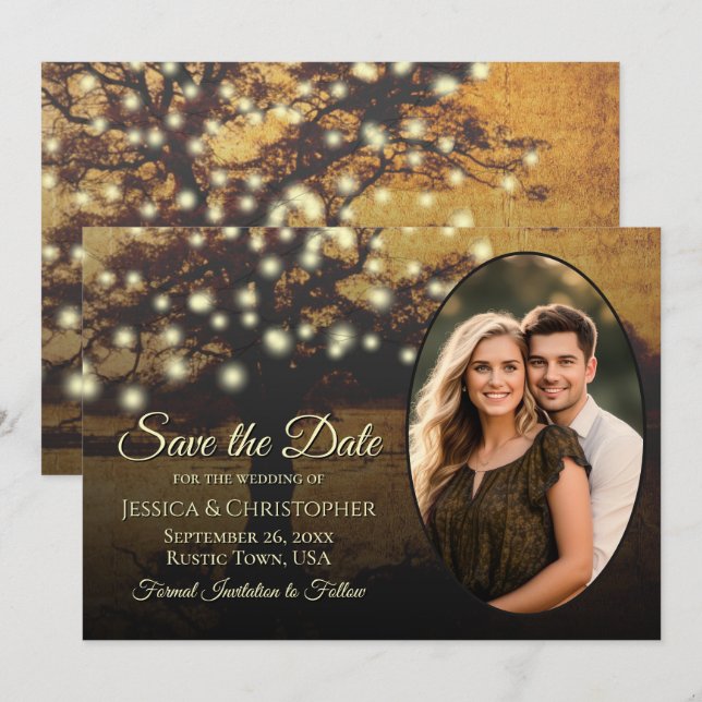 Reserve A Data Luzes de Árvore Dourada Rústica & Foto Casamento E (Frente/Verso)