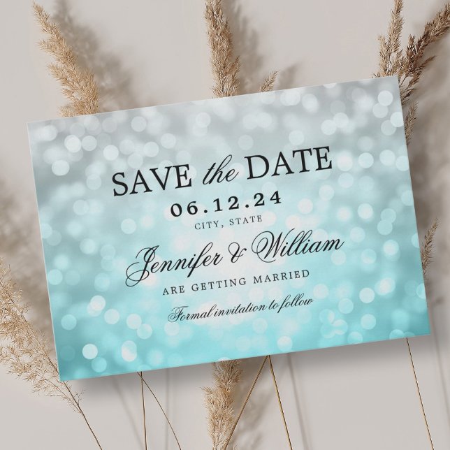 Reserve A Data Luzes de Bokeh de Praia de Casamento de Script Ele (Elegant Script Wedding Beach Bokeh Lights Save The Date)