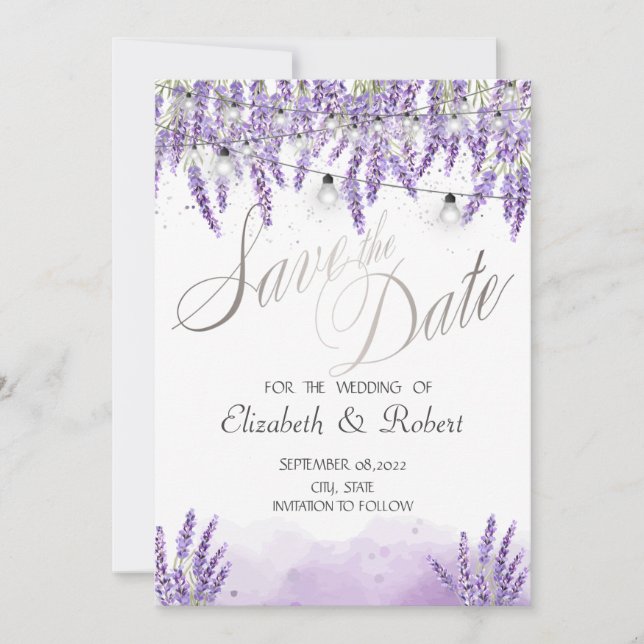 Reserve A Data Luzes de Corda com Aquarela Lavanda (Frente)