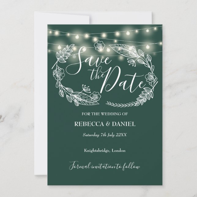 Reserve A Data Luzes de Corda Floral Esmeralda Verde Casamento (Frente)