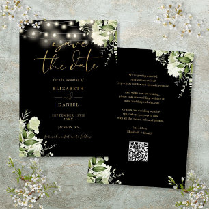 Reserve A Data Luzes de Corda Floral Ouro Preto Código QR Casamen
