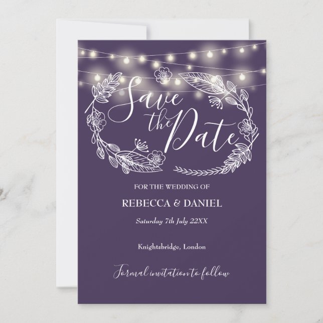 Reserve A Data Luzes de Corda Floral Roxo Casamento (Frente)