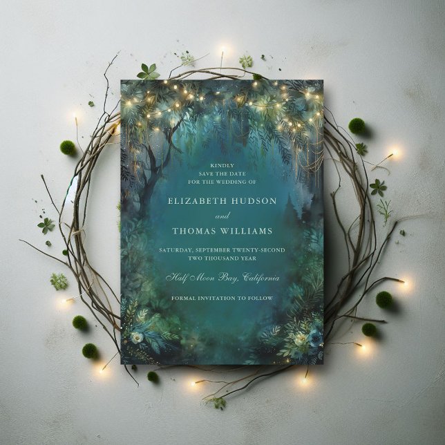 Reserve A Data Luzes de Fadas da Floresta Encantada Casamento na  (enchanted forest woodland wedding save the date card emerald gold magic fairy tale)