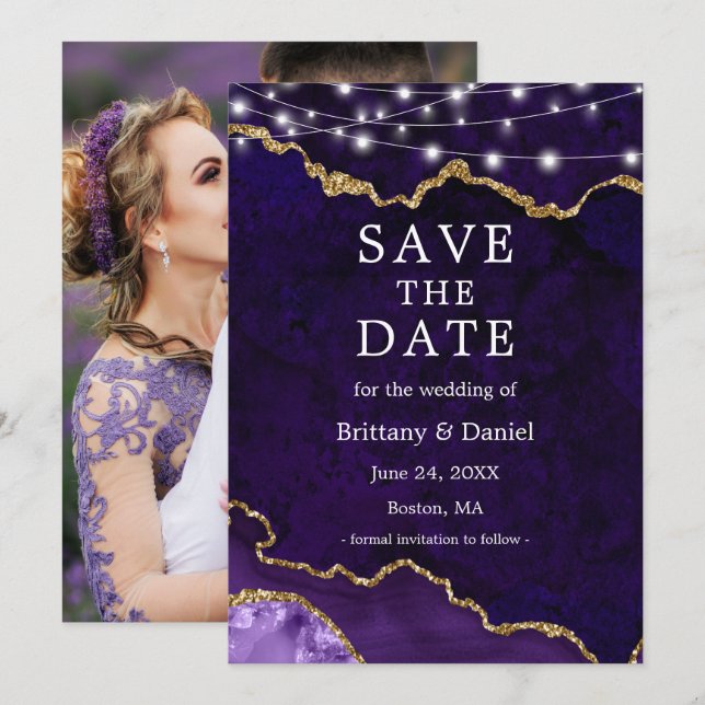 Reserve A Data Luzes de Geodo de Ágata Mármore Roxo Aquarela Foto (Frente/Verso)