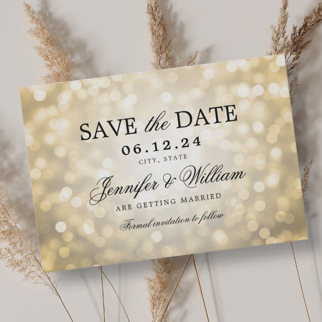 Reserve A Data Luzes Douradas de Bokeh de Casamento de Script Ele (Elegant Script Wedding Gold Bokeh Lights Save The Date)