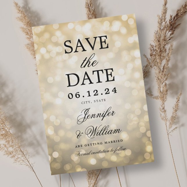 Reserve A Data Luzes Douradas de Bokeh de Casamento de Script Ele (Elegant Script Wedding Gold Bokeh Lights Save The Date)