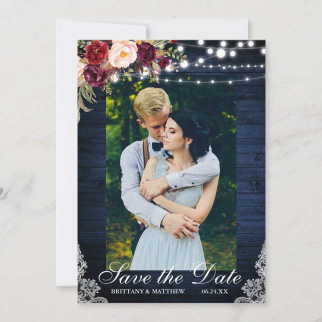 Reserve A Data Luzes Florais de Madeira Azul Rústica Salvem a Dat (Frente)