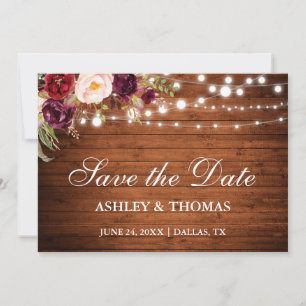 Reserve A Data Luzes Florais Rustic Wood Burgundy Salvem a Data