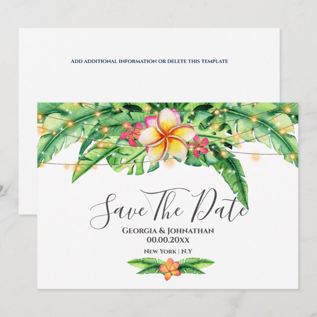 Reserve A Data Luzes tropicais verdes de praia de frangipani (Frente/Verso)